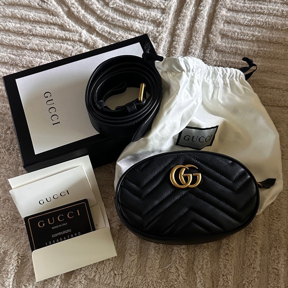 Gucci Handbags - Gucci Marmont Black and Gold Mini Belt Bag